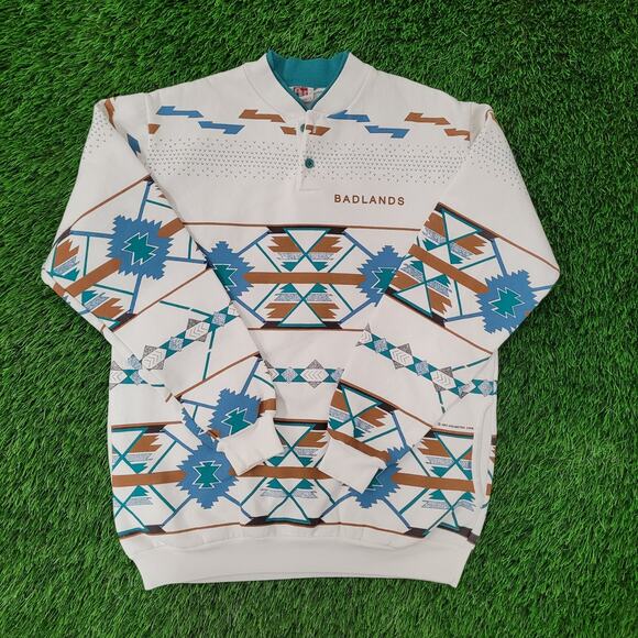 Vintage 1992 Tribal Aztec Henley Sweatshirt M 20x25 Crop USA - Picture 1 of 15